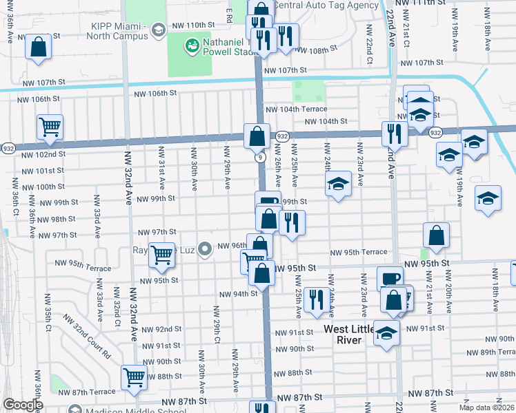 map of restaurants, bars, coffee shops, grocery stores, and more near 9850 Northwest 27th Avenue in Miami