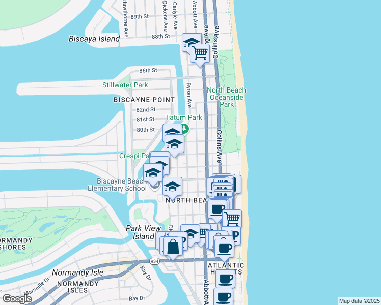 map of restaurants, bars, coffee shops, grocery stores, and more near 7920 Byron Avenue in Miami Beach