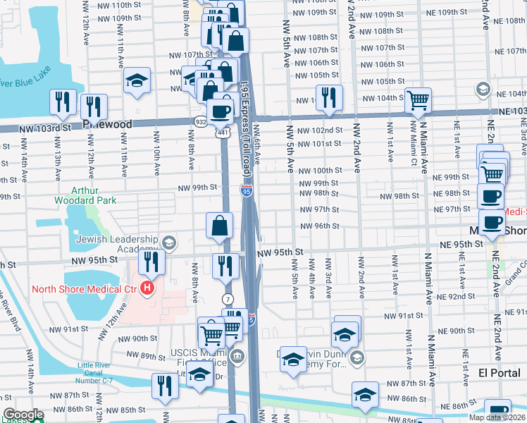 map of restaurants, bars, coffee shops, grocery stores, and more near 601 Northwest 97th Street in Miami
