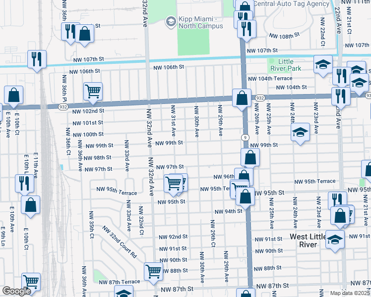 map of restaurants, bars, coffee shops, grocery stores, and more near 3010 Northwest 99th Street in Miami