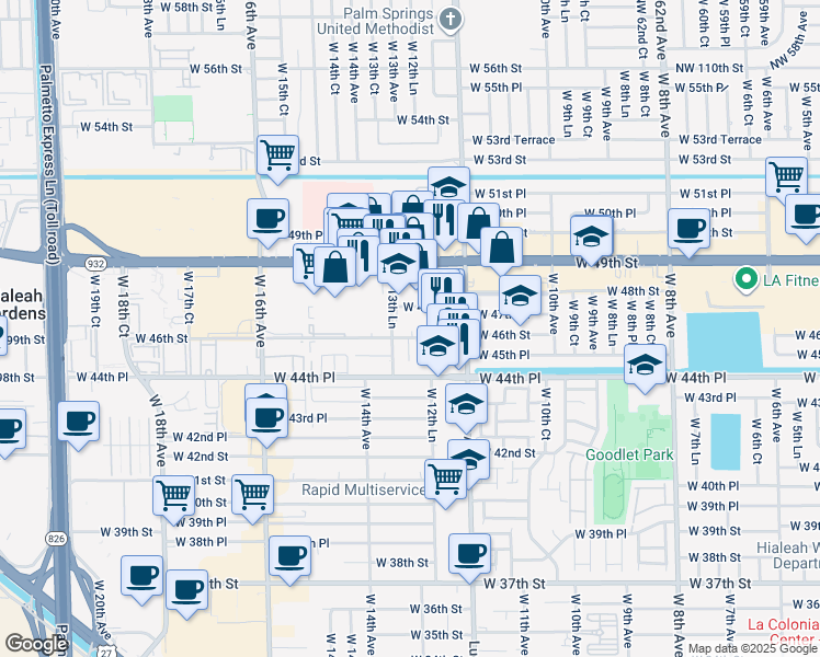 map of restaurants, bars, coffee shops, grocery stores, and more near 1300 West 47th Place in Hialeah