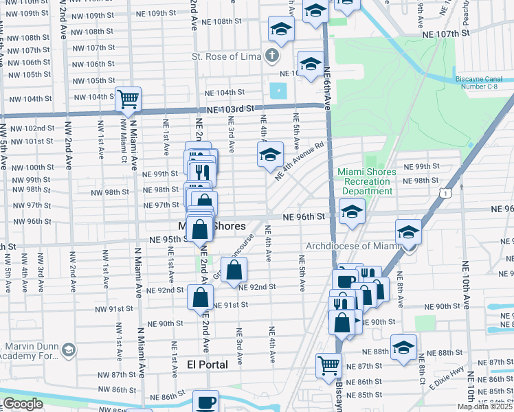 map of restaurants, bars, coffee shops, grocery stores, and more near 370 Northeast 97th Street in Miami Shores