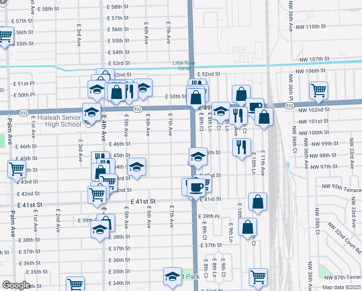 map of restaurants, bars, coffee shops, grocery stores, and more near 740 East 46th Street in Hialeah