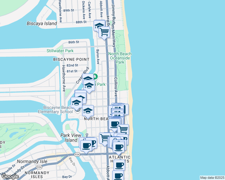 map of restaurants, bars, coffee shops, grocery stores, and more near in Miami Beach