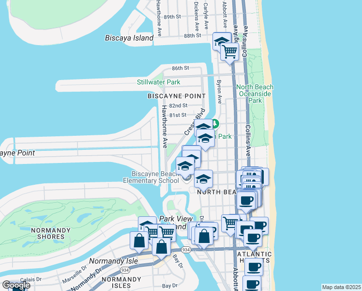 map of restaurants, bars, coffee shops, grocery stores, and more near 7915 Crespi Boulevard in Miami Beach