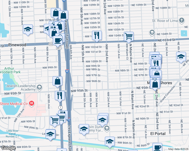 map of restaurants, bars, coffee shops, grocery stores, and more near 297 Northwest 97th Street in Miami