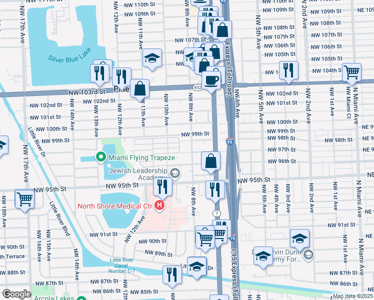 map of restaurants, bars, coffee shops, grocery stores, and more near 885 Northwest 97th Street in Miami
