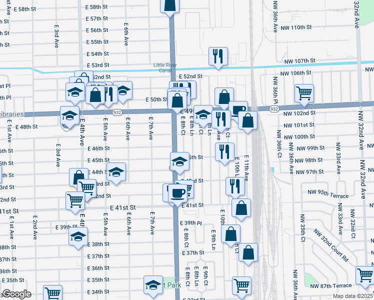 map of restaurants, bars, coffee shops, grocery stores, and more near 4545 East 8th Lane in Hialeah