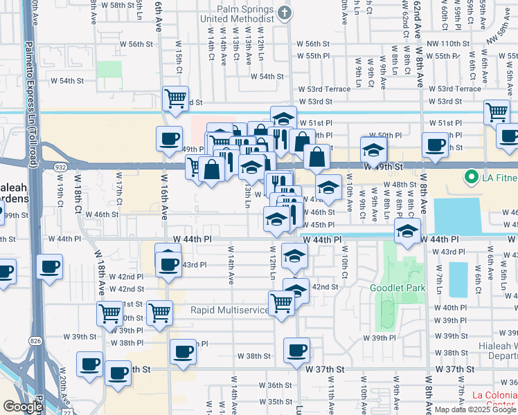 map of restaurants, bars, coffee shops, grocery stores, and more near 1300 West 47th Place in Hialeah