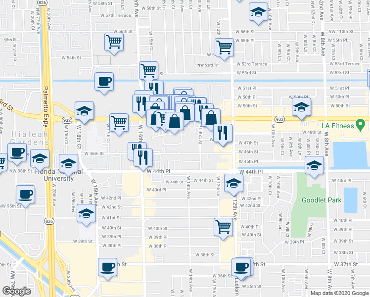 map of restaurants, bars, coffee shops, grocery stores, and more near 1475 West 46th Street in Hialeah