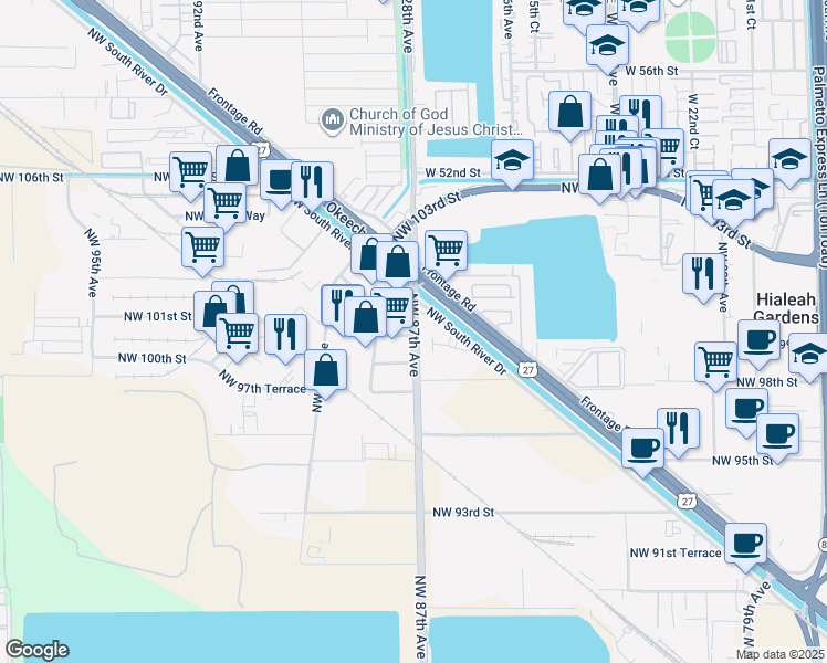 map of restaurants, bars, coffee shops, grocery stores, and more near 10015 Northwest 87th Avenue in Medley