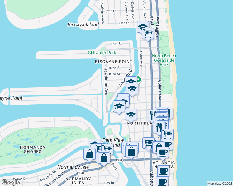 map of restaurants, bars, coffee shops, grocery stores, and more near 7915 Crespi Boulevard in Miami Beach
