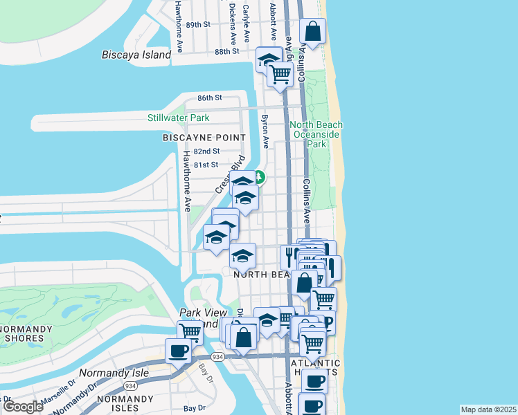 map of restaurants, bars, coffee shops, grocery stores, and more near 7920 Byron Avenue in Miami Beach