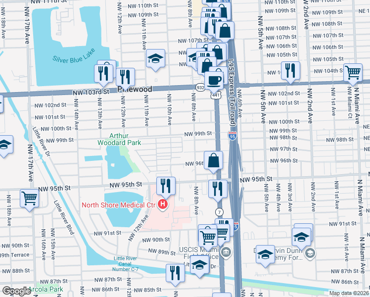 map of restaurants, bars, coffee shops, grocery stores, and more near 885 Northwest 97th Street in Miami