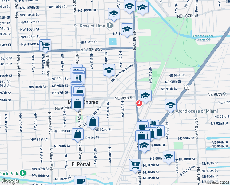 map of restaurants, bars, coffee shops, grocery stores, and more near 430 Grand Concourse in Miami Shores
