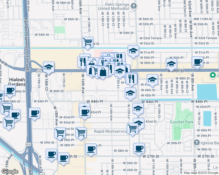 map of restaurants, bars, coffee shops, grocery stores, and more near 1475 West 46th Street in Hialeah