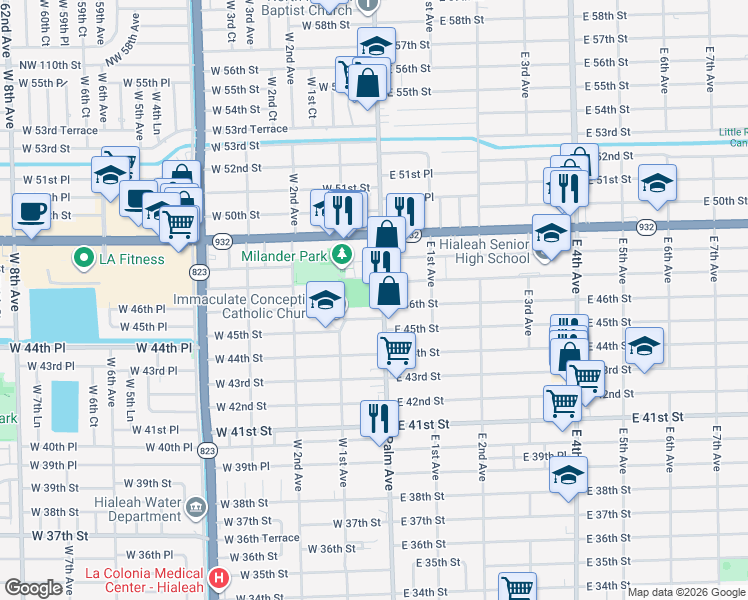 map of restaurants, bars, coffee shops, grocery stores, and more near in Hialeah