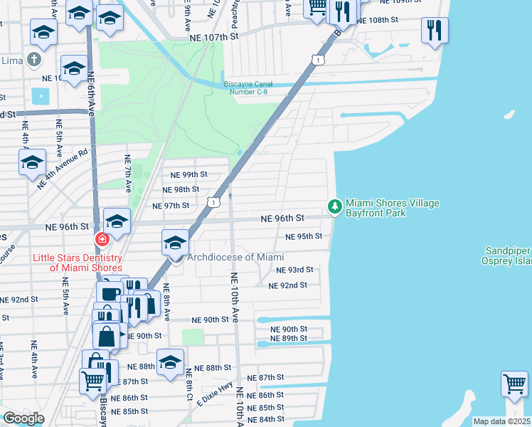 map of restaurants, bars, coffee shops, grocery stores, and more near 1079 Northeast 96th Street in Miami Shores