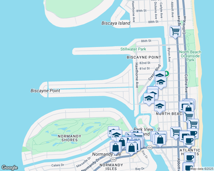 map of restaurants, bars, coffee shops, grocery stores, and more near 1420 Cleveland Road in Miami Beach