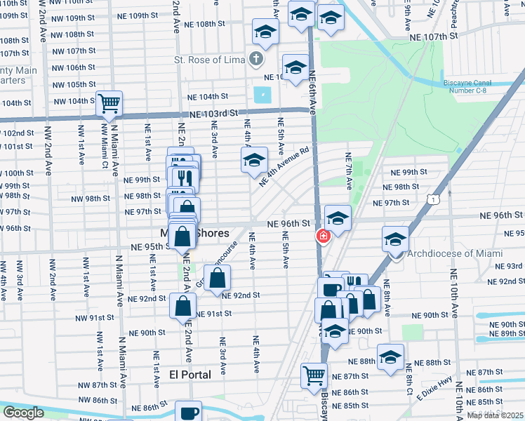 map of restaurants, bars, coffee shops, grocery stores, and more near 430 Grand Concourse in Miami Shores