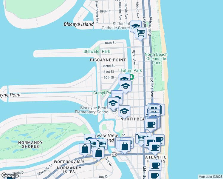 map of restaurants, bars, coffee shops, grocery stores, and more near 7915 Crespi Boulevard in Miami Beach