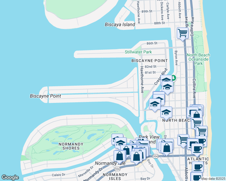 map of restaurants, bars, coffee shops, grocery stores, and more near 1420 Cleveland Road in Miami Beach
