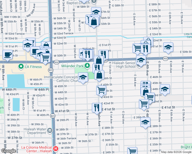 map of restaurants, bars, coffee shops, grocery stores, and more near in Hialeah