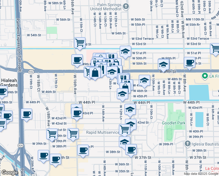 map of restaurants, bars, coffee shops, grocery stores, and more near 4670 West 13th Lane in Hialeah