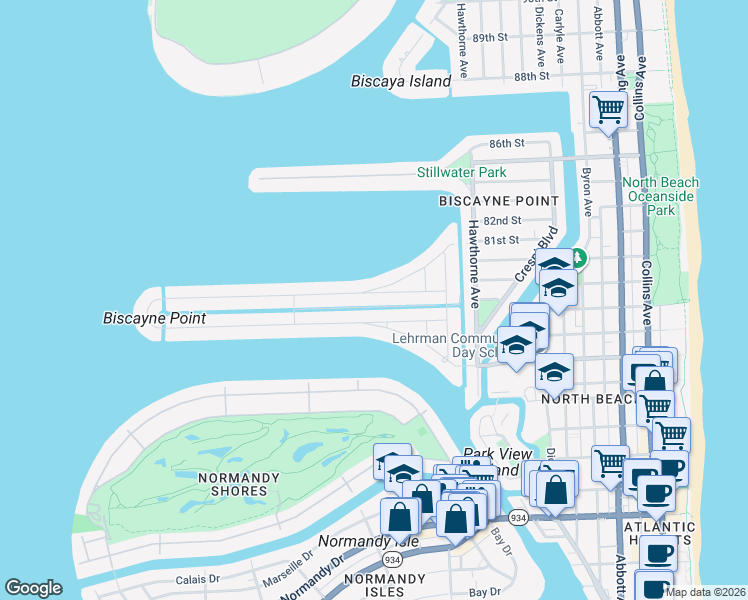 map of restaurants, bars, coffee shops, grocery stores, and more near 1420 Cleveland Road in Miami Beach