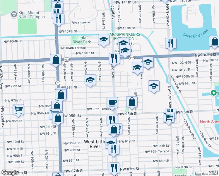 map of restaurants, bars, coffee shops, grocery stores, and more near 2234 Northwest 99th Street in Miami