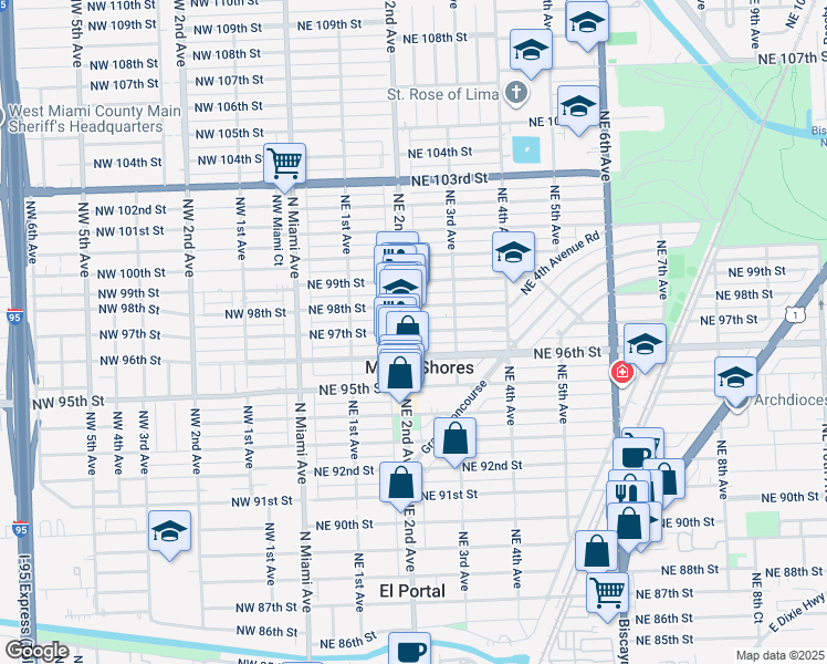 map of restaurants, bars, coffee shops, grocery stores, and more near 213 Northeast 97th Street in Miami Shores
