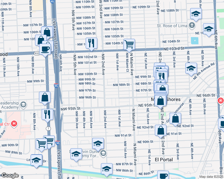 map of restaurants, bars, coffee shops, grocery stores, and more near 149 Northwest 97th Street in Miami Shores