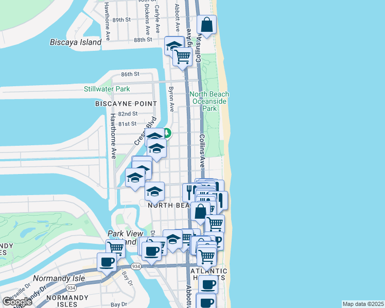 map of restaurants, bars, coffee shops, grocery stores, and more near in Miami Beach