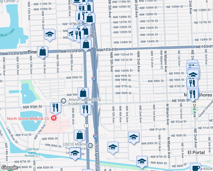 map of restaurants, bars, coffee shops, grocery stores, and more near 543 Northwest 97th Street in Miami