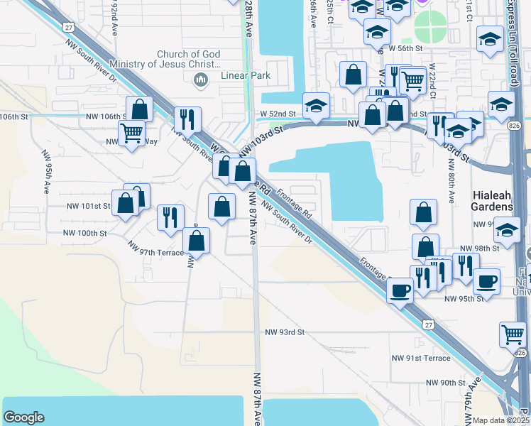map of restaurants, bars, coffee shops, grocery stores, and more near 10015 Northwest 87th Avenue in Medley