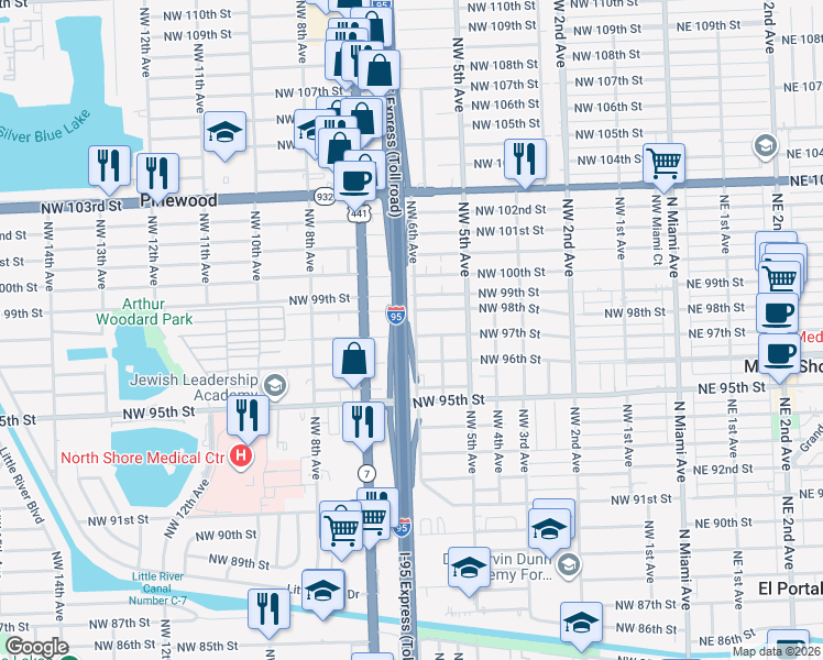 map of restaurants, bars, coffee shops, grocery stores, and more near 601 Northwest 97th Street in Miami
