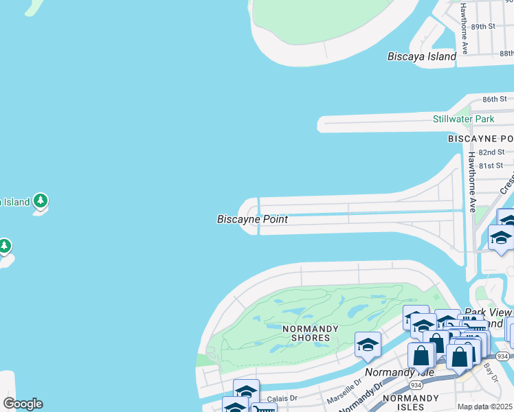 map of restaurants, bars, coffee shops, grocery stores, and more near 12550 Biscayne Point Circle in Miami Beach