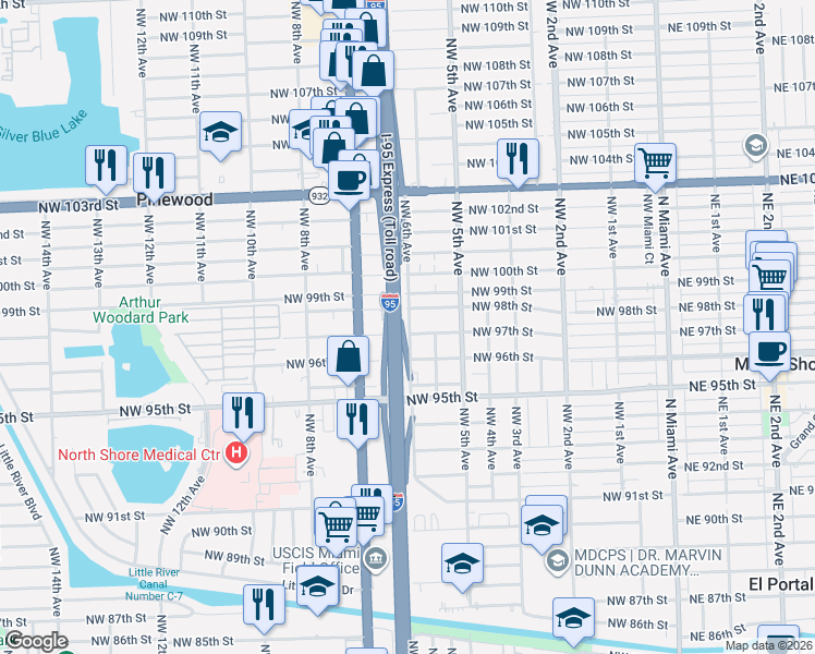 map of restaurants, bars, coffee shops, grocery stores, and more near 601 Northwest 97th Street in Miami