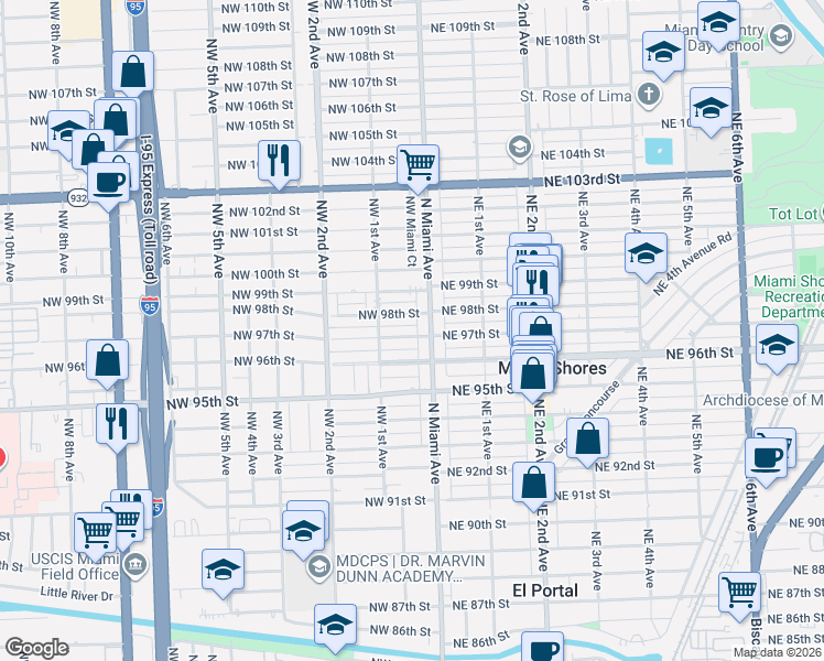 map of restaurants, bars, coffee shops, grocery stores, and more near 79 Northwest 97th Street in Miami Shores