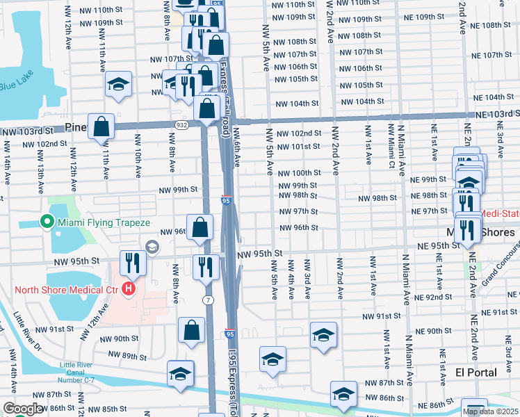 map of restaurants, bars, coffee shops, grocery stores, and more near 535 NW 97th St in Miami
