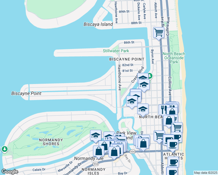 map of restaurants, bars, coffee shops, grocery stores, and more near 1210 Cleveland Road in Miami Beach