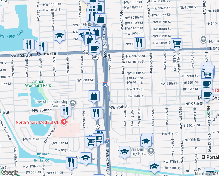 map of restaurants, bars, coffee shops, grocery stores, and more near 601 Northwest 97th Street in Miami