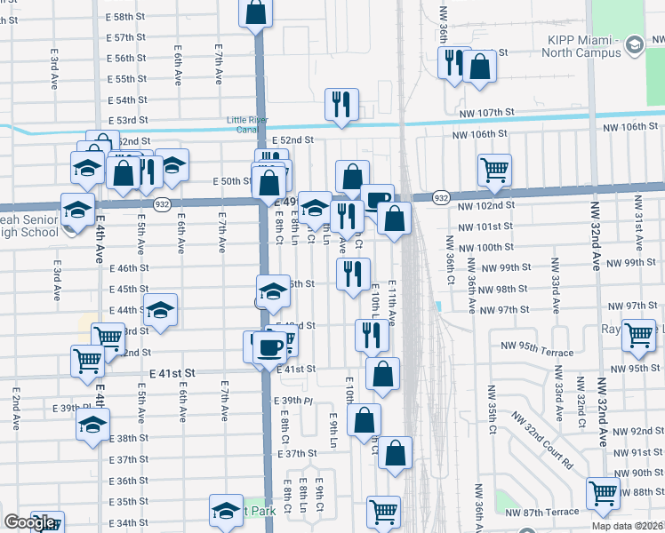 map of restaurants, bars, coffee shops, grocery stores, and more near 4585 East 9th Lane in Hialeah