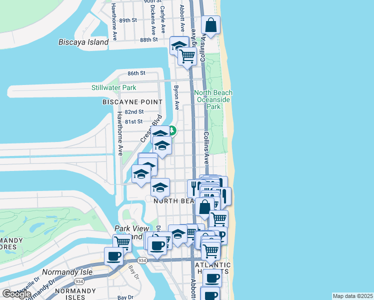 map of restaurants, bars, coffee shops, grocery stores, and more near in Miami Beach