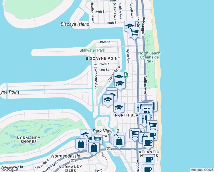 map of restaurants, bars, coffee shops, grocery stores, and more near 7915 Crespi Boulevard in Miami Beach