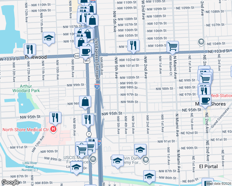 map of restaurants, bars, coffee shops, grocery stores, and more near 535 Northwest 97th Street in Miami