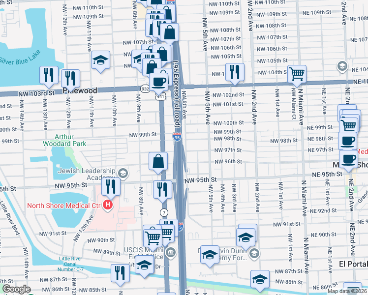 map of restaurants, bars, coffee shops, grocery stores, and more near 601 Northwest 97th Street in Miami