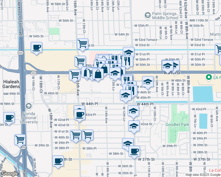 map of restaurants, bars, coffee shops, grocery stores, and more near 4670 West 13th Lane in Hialeah