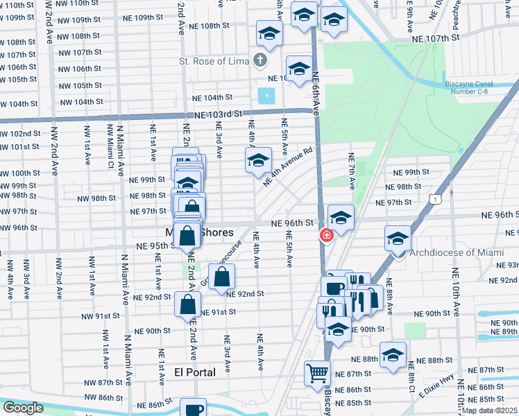 map of restaurants, bars, coffee shops, grocery stores, and more near 430 Grand Concourse in Miami Shores