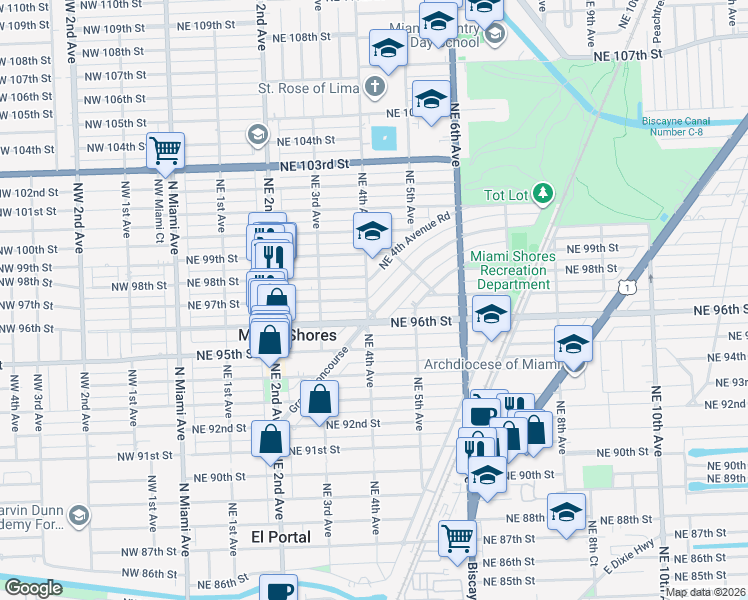 map of restaurants, bars, coffee shops, grocery stores, and more near 430 Grand Concourse in Miami Shores